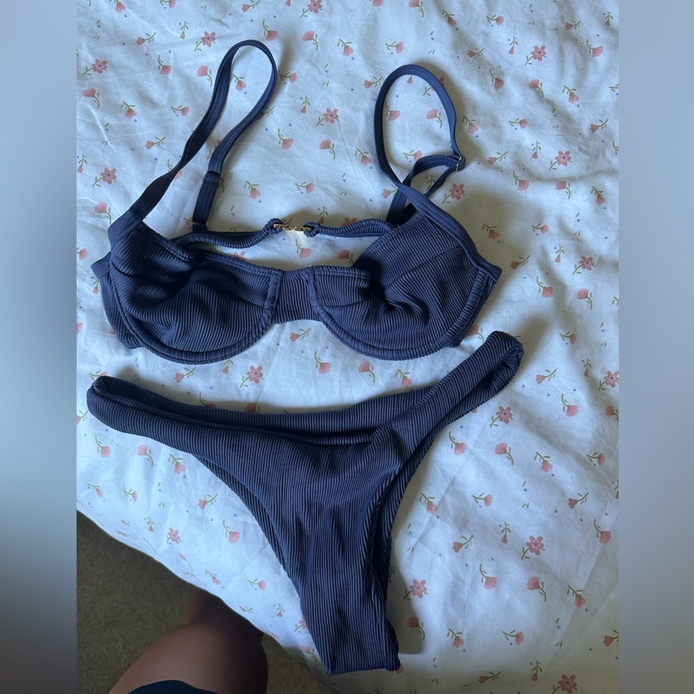 Kulani Kinis Ribbed Cheeky Bikini Set in Navy